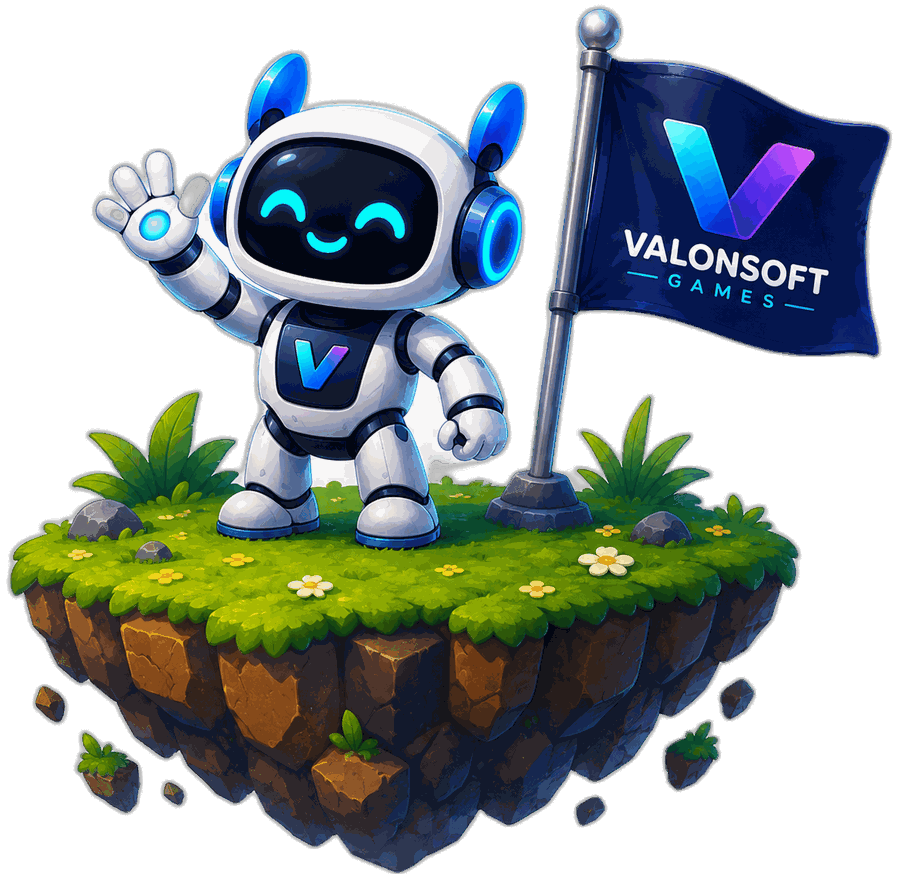 Valonsoft Games mascot waving beside a Valonsoft flag
